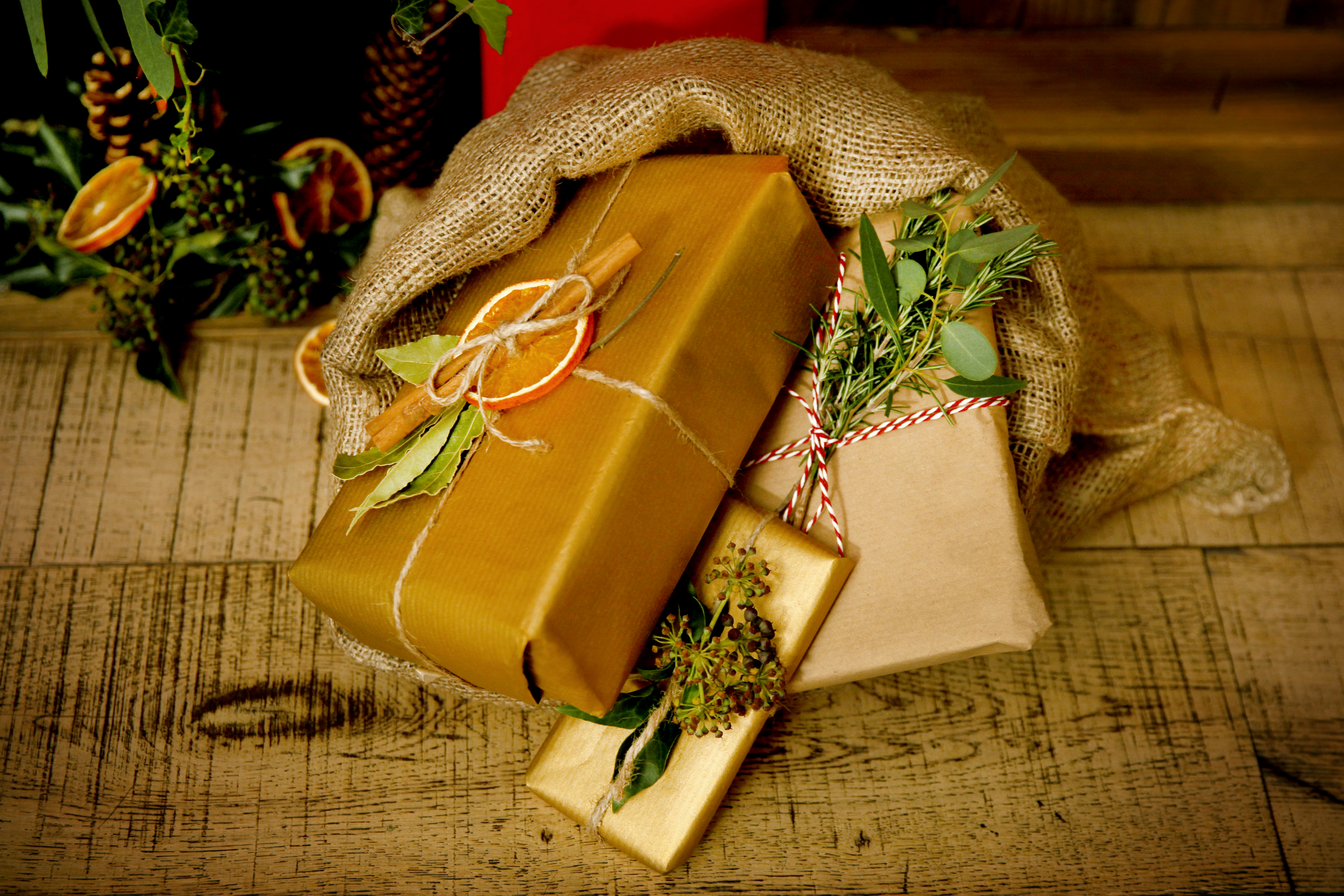 christmas gifts by a fireplace