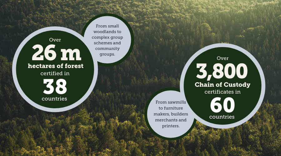 We certify 26 million hectares of forests and 3,800 Chain of Custody clients